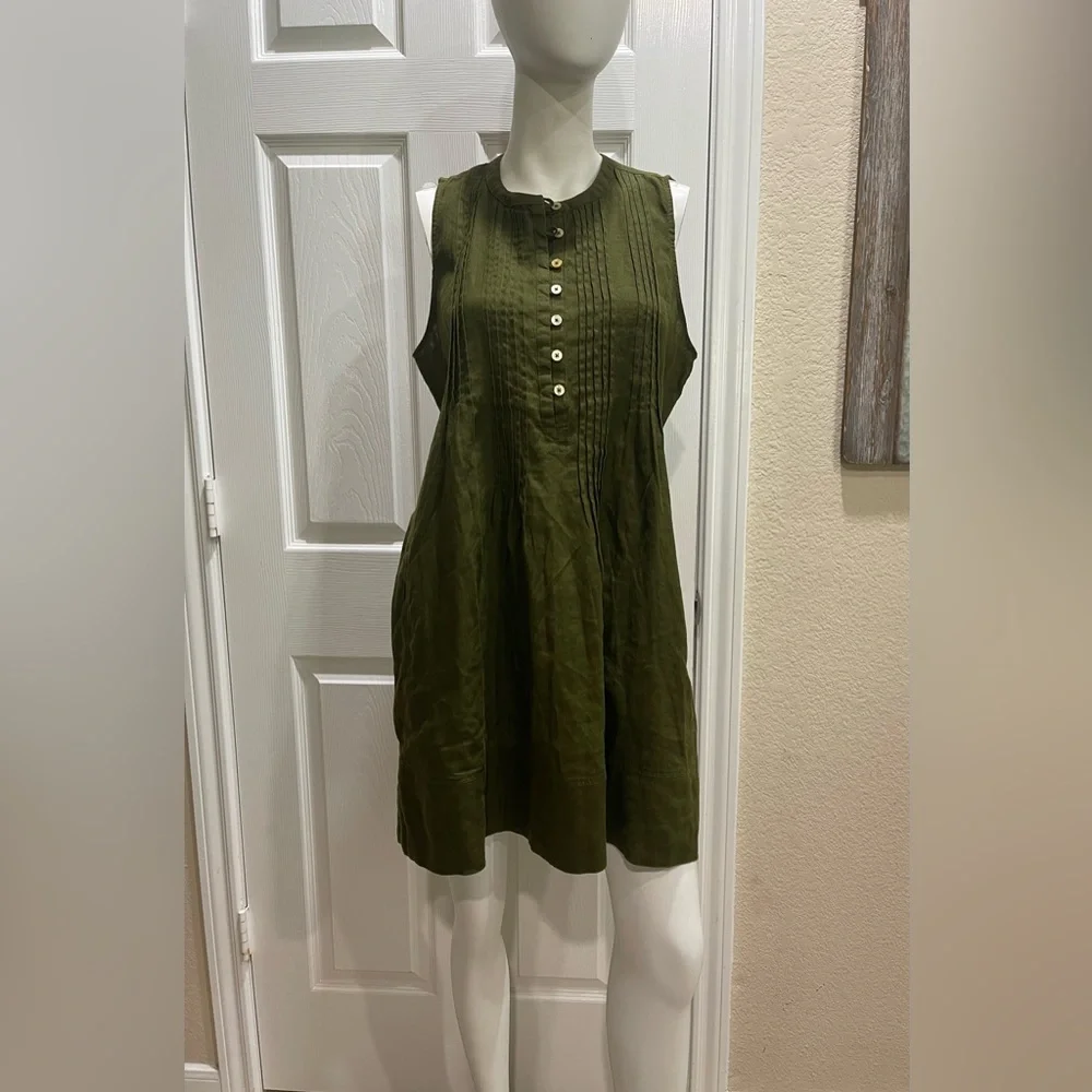 Quince 100% European Linen Sleeveless Swing Dress in Martini Olive Size Medium - Picture 2 of 5